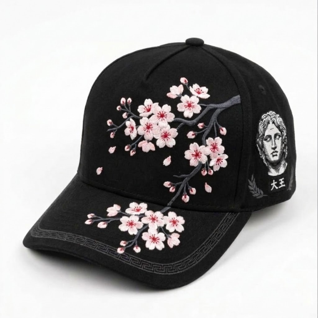 Gorra total black con la enredadera de cerezo bordada al frente y el busto en el costado